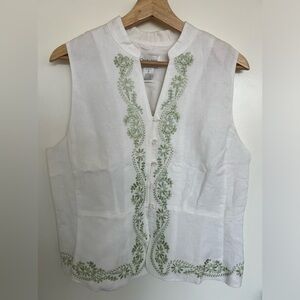 Chadwick’s Floral Embroidered Linen Blend Vest/Blouse|Color:White/Green|Size:16